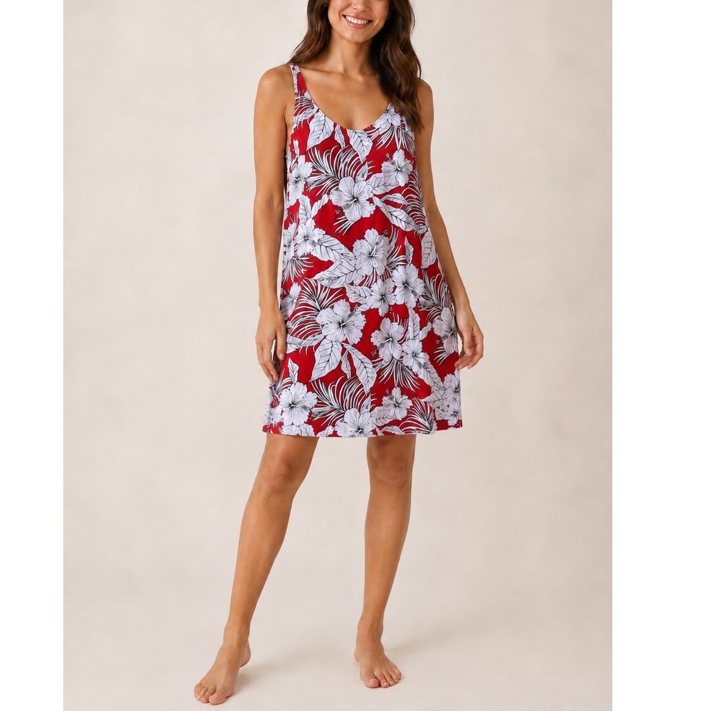 Tiki Palm Red White Hibiscus Tropical Rayon Vacation Dress Large Hawaiian